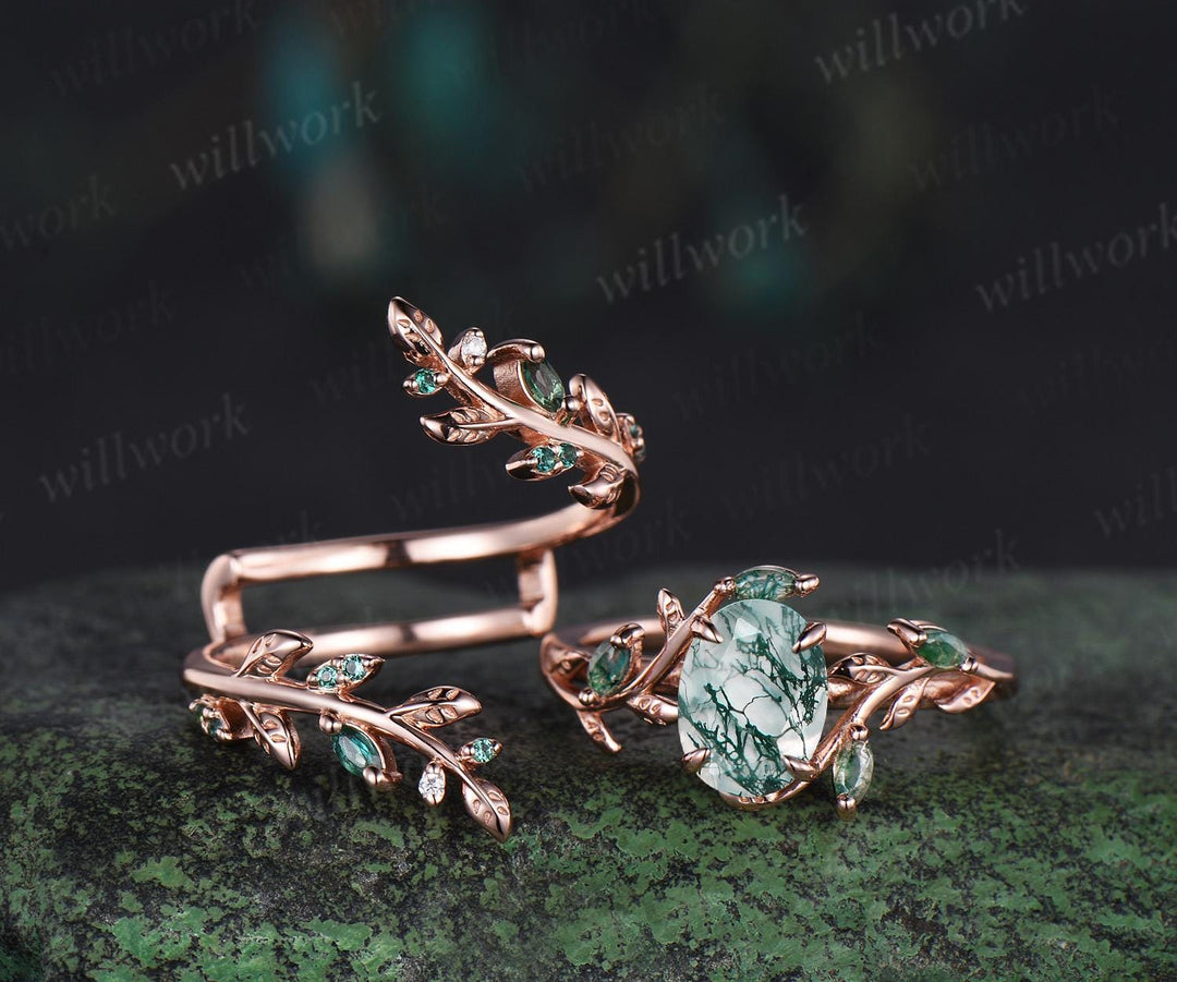 Vintage oval moss agate engagement ring set 14k rose gold leaf five stone wedding band enhancer women unique promise bridal ring set gift