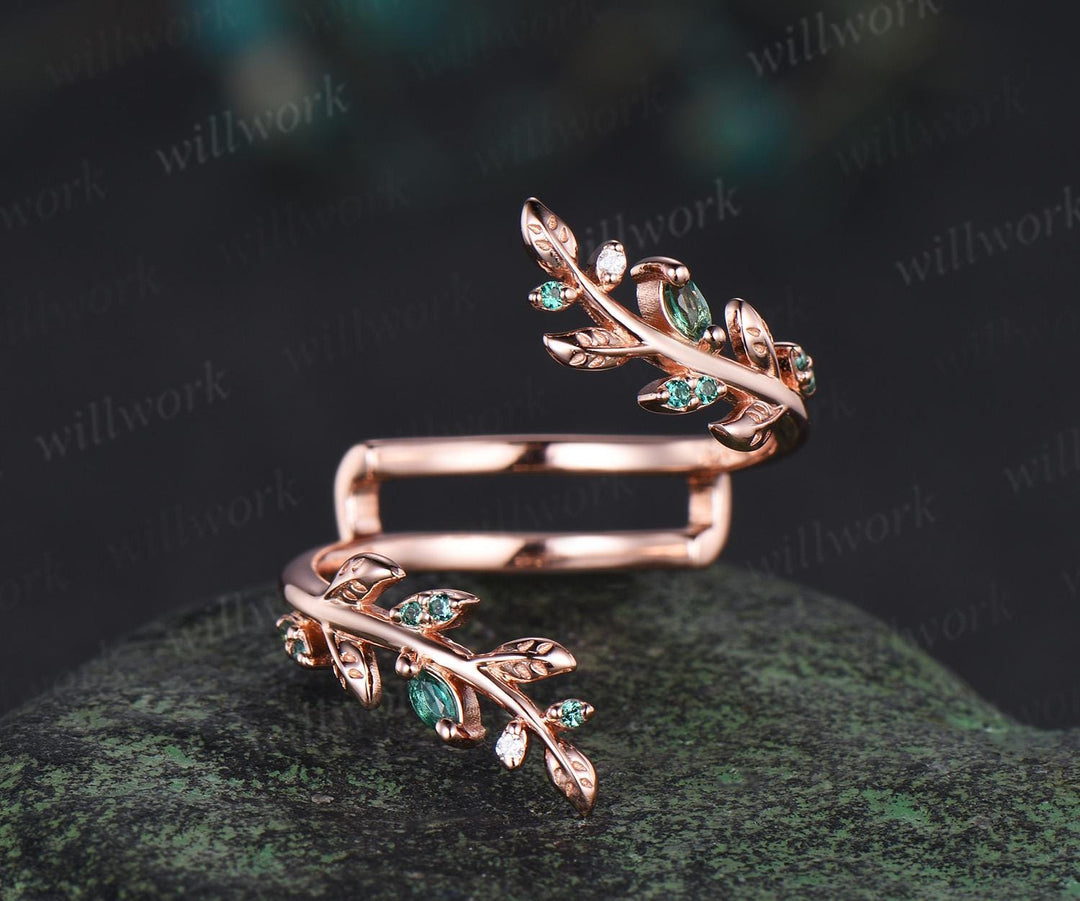 Vintage oval moss agate engagement ring set 14k rose gold leaf five stone wedding band enhancer women unique promise bridal ring set gift