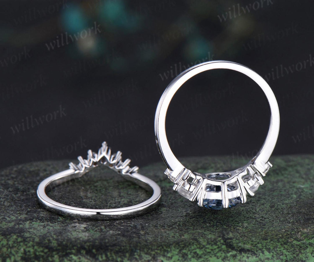 Unique round cut blue moissanite engagement ring set five stone moonstone ring minimalist moissanite bridal wedding ring set for women