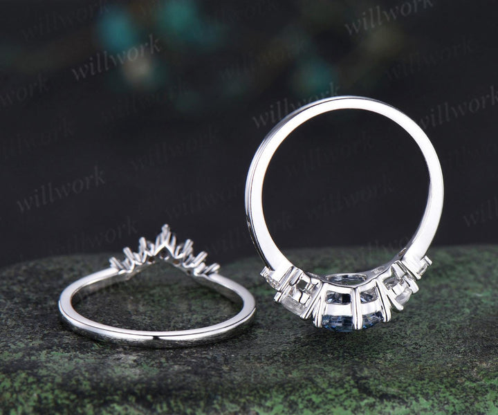 Unique round cut blue moissanite engagement ring set five stone moonstone ring minimalist moissanite bridal wedding ring set for women
