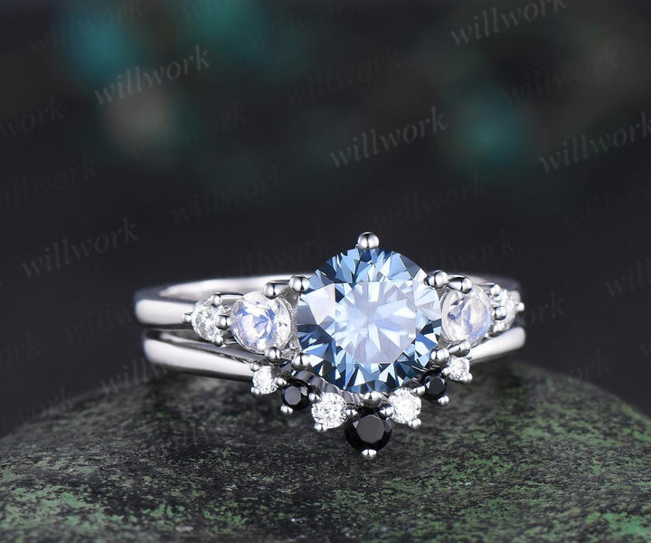 Unique round cut blue moissanite engagement ring set five stone moonstone ring minimalist moissanite bridal wedding ring set for women