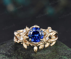 1ct round cut blue sapphire engagement ring set leaf five stone yellow gold ring nature inspired art deco wedding ring set women