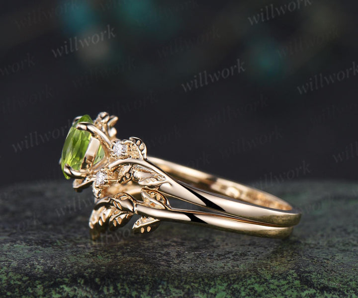 1ct round cut peridot engagement ring set leaf five stone 14k yellow gold ring nature inspired art deco wedding bridal ring set women