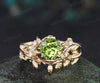 1ct round cut peridot engagement ring set leaf five stone 14k yellow gold ring nature inspired art deco wedding bridal ring set women