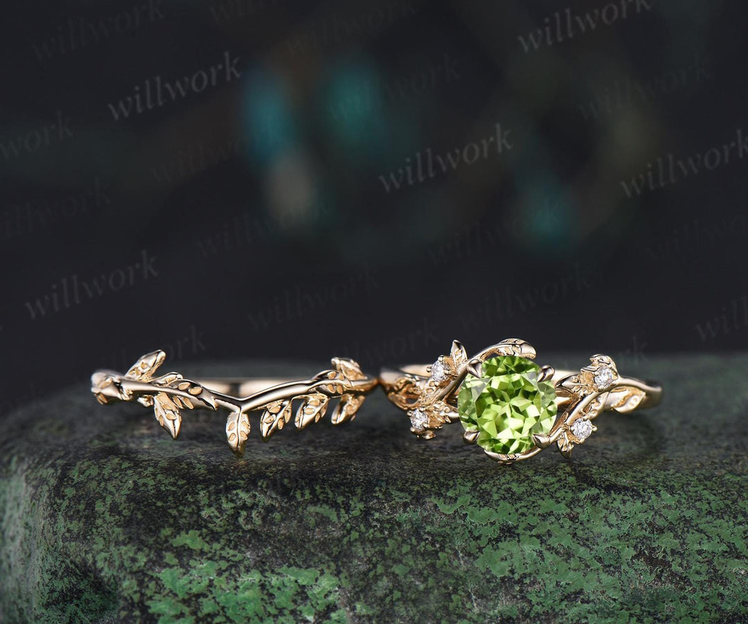 1ct round cut peridot engagement ring set leaf five stone 14k yellow gold ring nature inspired art deco wedding bridal ring set women
