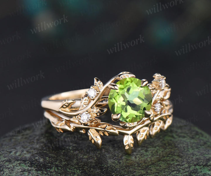 1ct round cut peridot engagement ring set leaf five stone 14k yellow gold ring nature inspired art deco wedding bridal ring set women