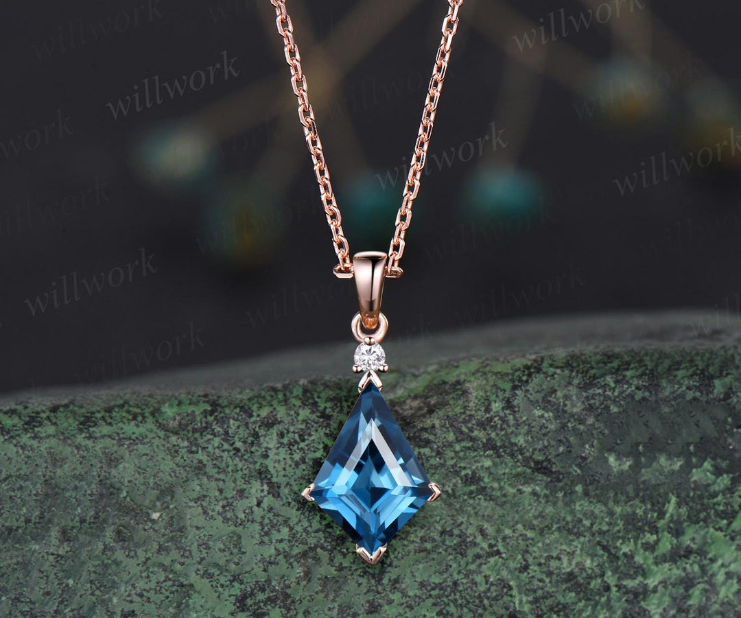 Kite cut London blue topaz necklace solid 14k 18k rose gold vintage unique Personalized pendant for women her anniversary bridal gift mother