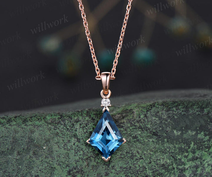 Kite cut London blue topaz necklace solid 14k 18k rose gold vintage unique Personalized pendant for women her anniversary bridal gift mother