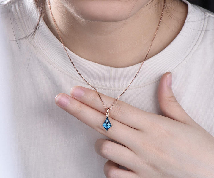 Kite cut London blue topaz necklace solid 14k 18k rose gold vintage unique Personalized pendant for women her anniversary bridal gift mother