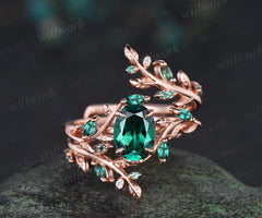 Vintage oval cut emerald engagement ring set 14k rose gold branch leaf cluster wedding band enhancer women unique promise bridal ring set