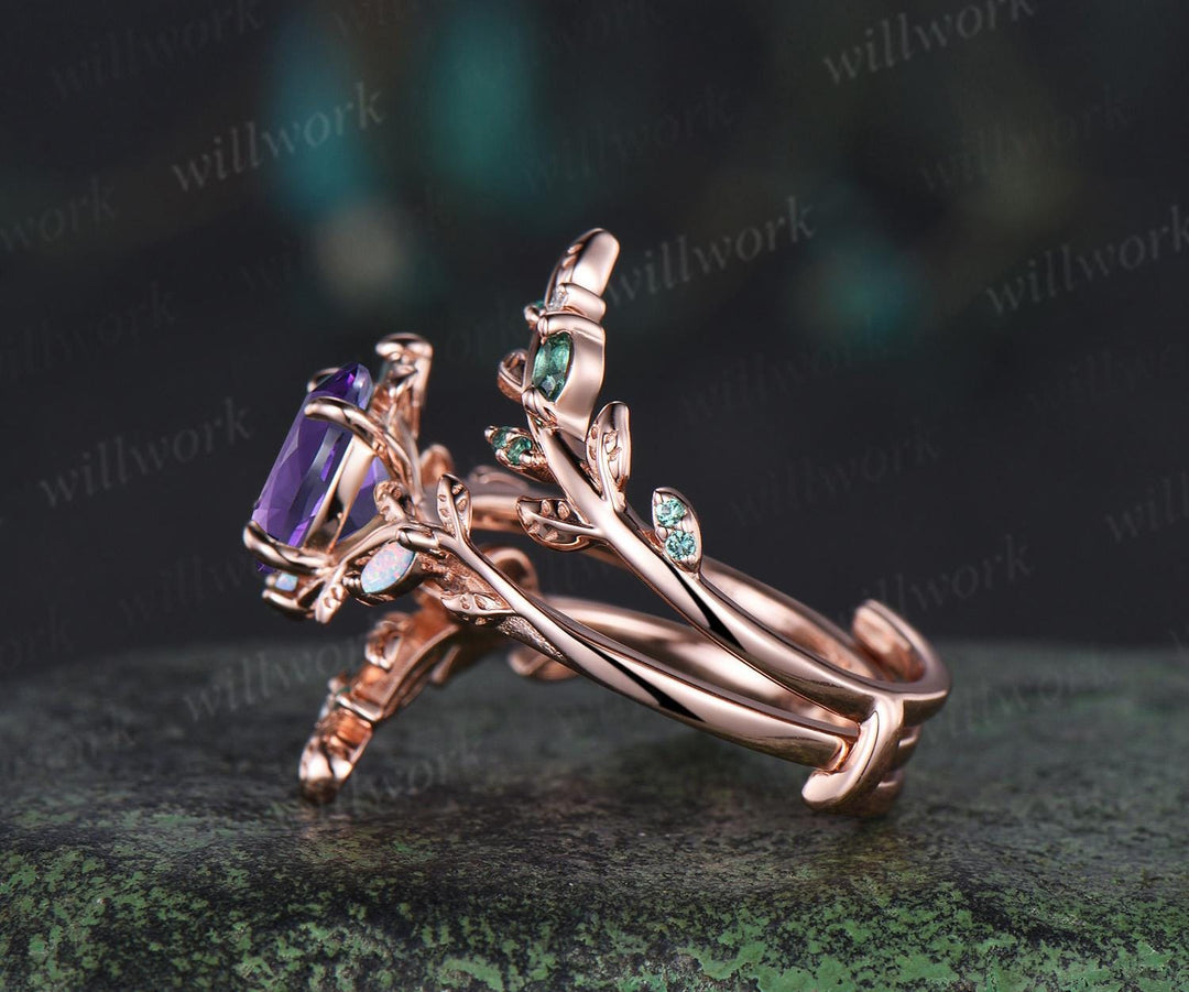Oval cut amethyst engagement ring set 14k rose gold opal emerald branch leaf cluster wedding band enhancer women unique wedding ring set