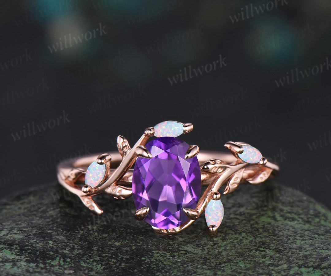 Oval cut amethyst engagement ring set 14k rose gold opal emerald branch leaf cluster wedding band enhancer women unique wedding ring set