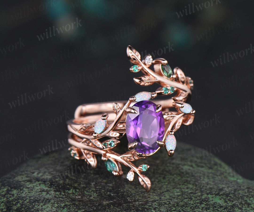 Oval cut amethyst engagement ring set 14k rose gold opal emerald branch leaf cluster wedding band enhancer women unique wedding ring set