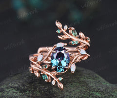 Oval cut Alexandrite engagement ring set women 14k rose gold opal emerald branch leaf cluster wedding band enhancer promise ring her