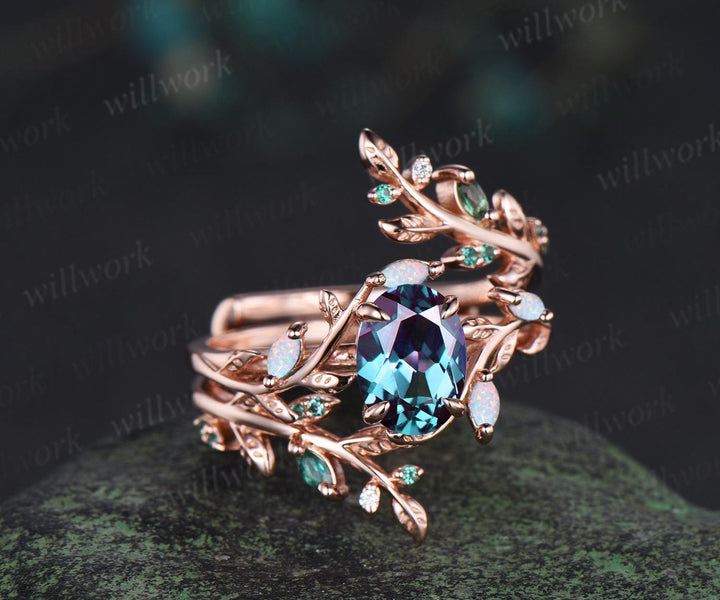 Oval cut Alexandrite engagement ring set women 14k rose gold opal emerald branch leaf cluster wedding band enhancer promise ring her