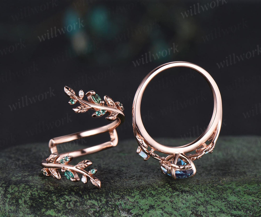 Oval cut Alexandrite engagement ring set women 14k rose gold opal emerald branch leaf cluster wedding band enhancer promise ring her