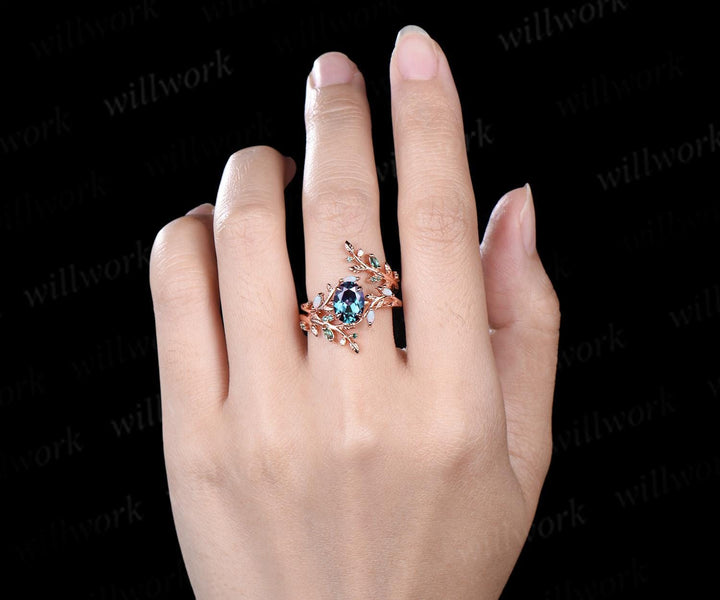 Oval cut Alexandrite engagement ring set women 14k rose gold opal emerald branch leaf cluster wedding band enhancer promise ring her