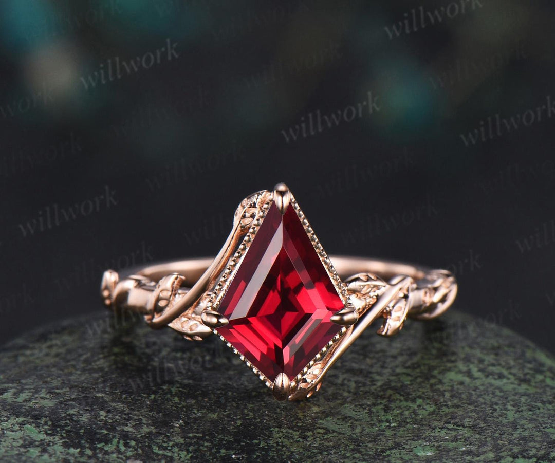 Kite cut red ruby engagement ring set twisted milgrain leaf solitaire ring rose gold opal half eternity unique wedding ring set jewelry