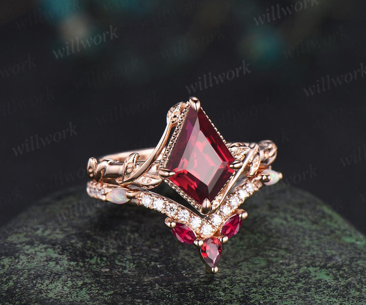 Kite cut red ruby engagement ring set twisted milgrain leaf solitaire ring rose gold opal half eternity unique wedding ring set jewelry
