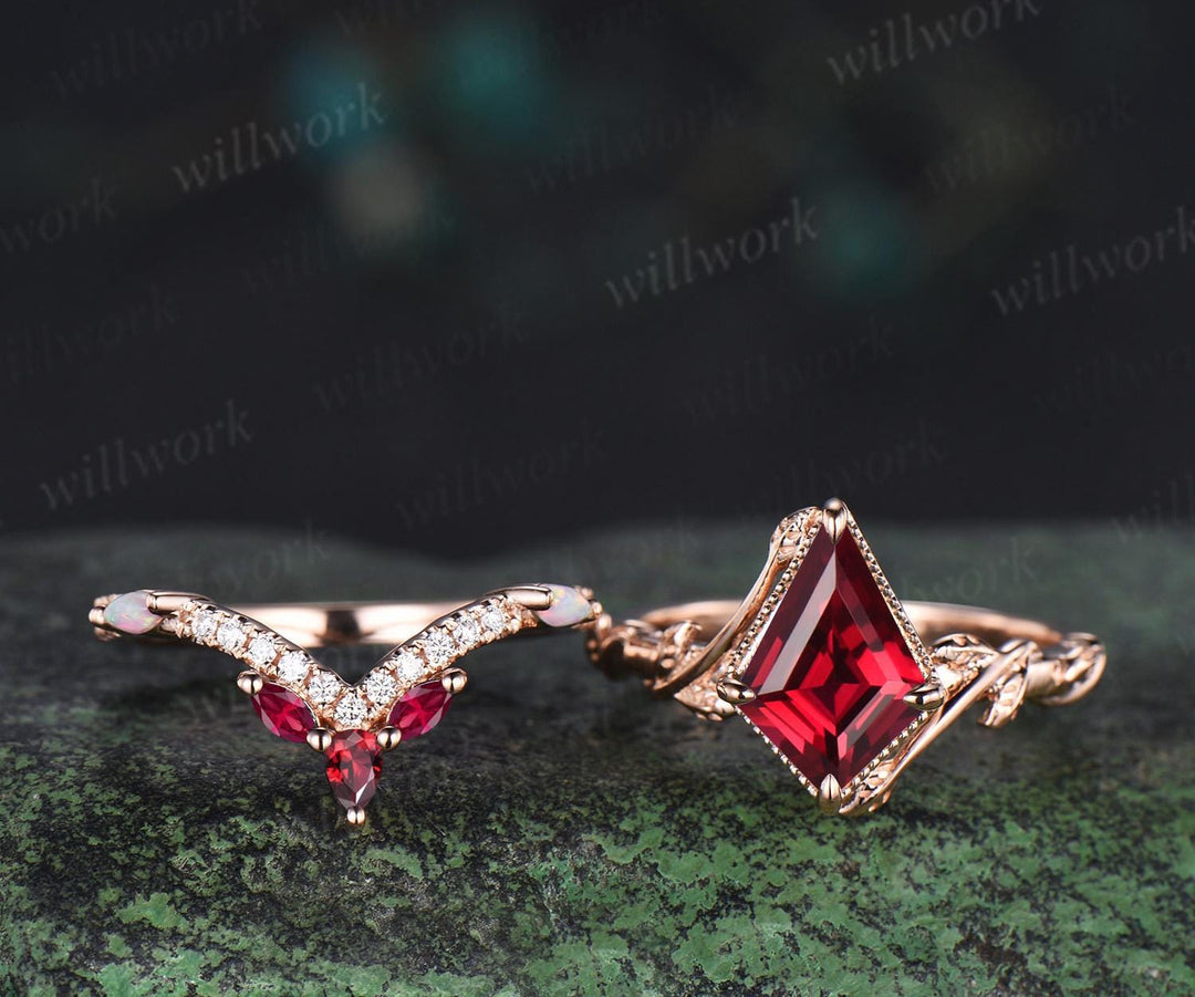 Kite cut red ruby engagement ring set twisted milgrain leaf solitaire ring rose gold opal half eternity unique wedding ring set jewelry