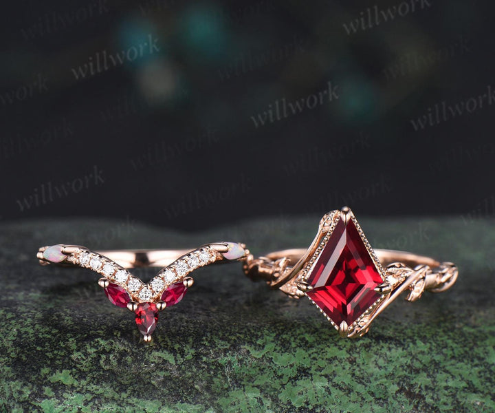 Kite cut red ruby engagement ring set twisted milgrain leaf solitaire ring rose gold opal half eternity unique wedding ring set jewelry