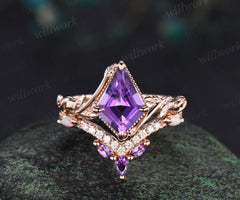 Kite cut purple amethyst engagement ring set 14k rose gold February birthstone ring nature inspired leaf opal bridal ring set women jewelry