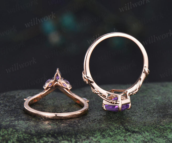 Kite cut purple amethyst engagement ring set 14k rose gold February birthstone ring nature inspired leaf opal bridal ring set women jewely