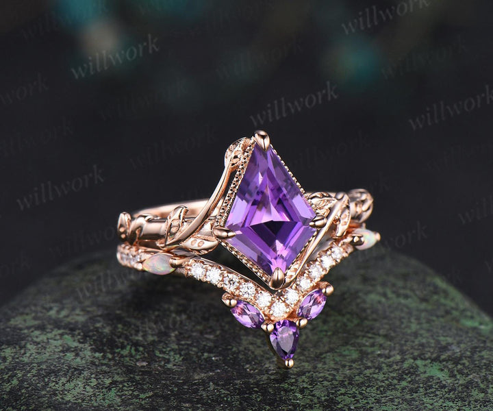 Kite cut purple amethyst engagement ring set 14k rose gold February birthstone ring nature inspired leaf opal bridal ring set women jewely