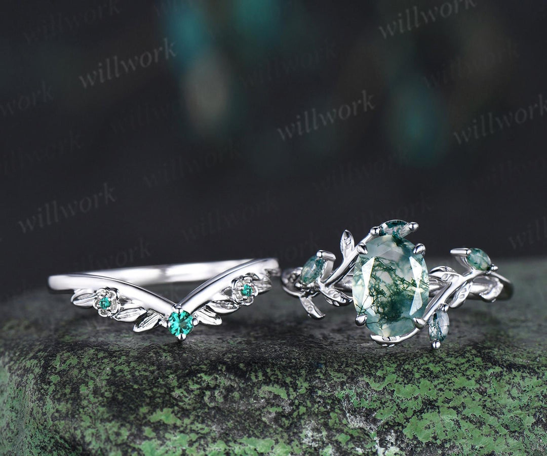 Vintage oval natural moss agate engagement ring set 14k white gold cluster leaf floral nature inspired retro emerald bridal ring set women