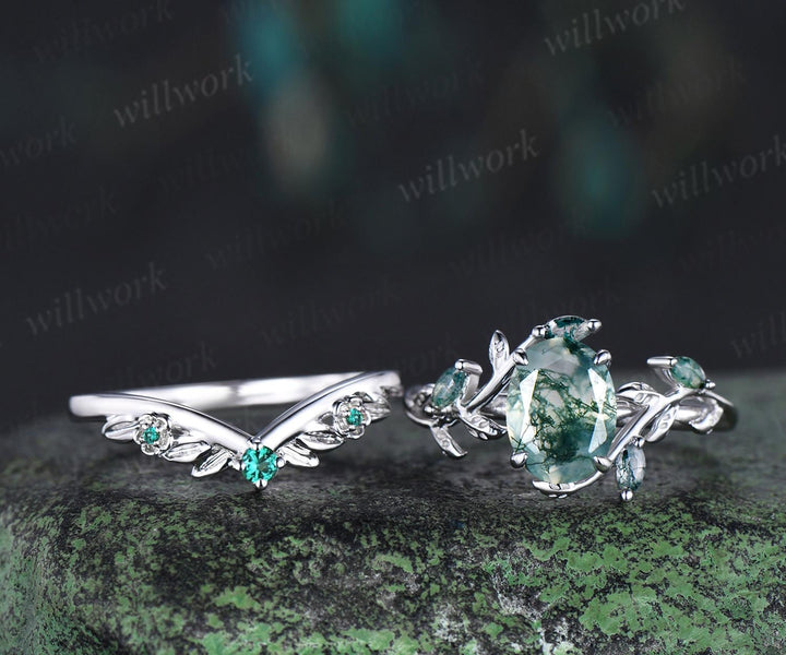 Vintage oval natural moss agate engagement ring set 14k white gold cluster leaf floral nature inspired retro emerald bridal ring set women