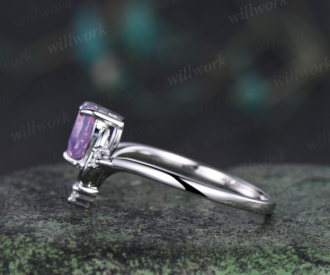 1ct Heart cut Lavender Amethyst ring white gold diamond ring vintage four stone unique moon engagement ring wedding ring women dainty gift