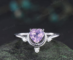 1ct Heart cut Lavender Amethyst ring white gold diamond ring vintage four stone unique moon engagement ring wedding ring women dainty gift