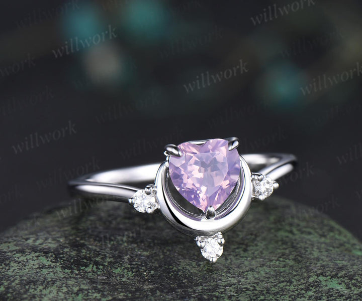 1ct Heart cut Lavender Amethyst ring white gold diamond ring vintage four stone unique moon engagement ring wedding ring women dainty gift
