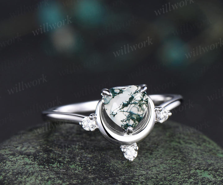 1ct Heart cut natural moss agate ring white gold diamond ring vintage four stone unique moon engagement ring green crystal ring