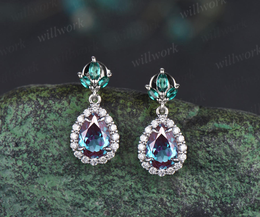 Pear teardrop cut Alexandrite earrings solid 14k white gold vintage leaf marquise emerald drop earrings women anniversary gift jewelry