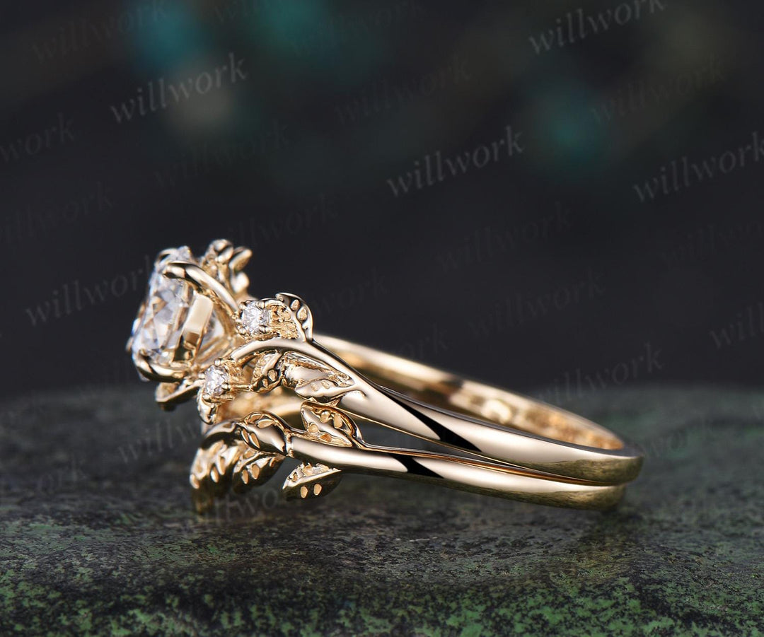 1ct round cut Lab grown diamond ring 14k yellow gold branch leaf nature inspired engagement ring jewelry promise bridal set women