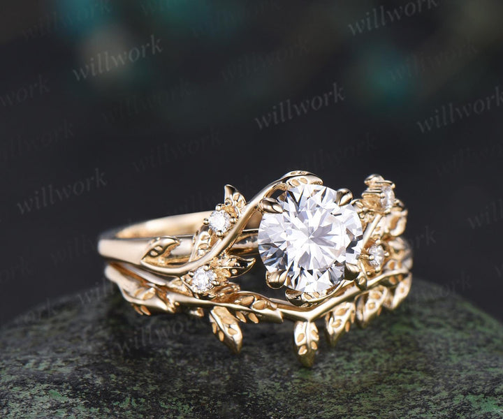 1ct round cut Lab grown diamond ring 14k yellow gold branch leaf nature inspired engagement ring jewelry promise bridal set women