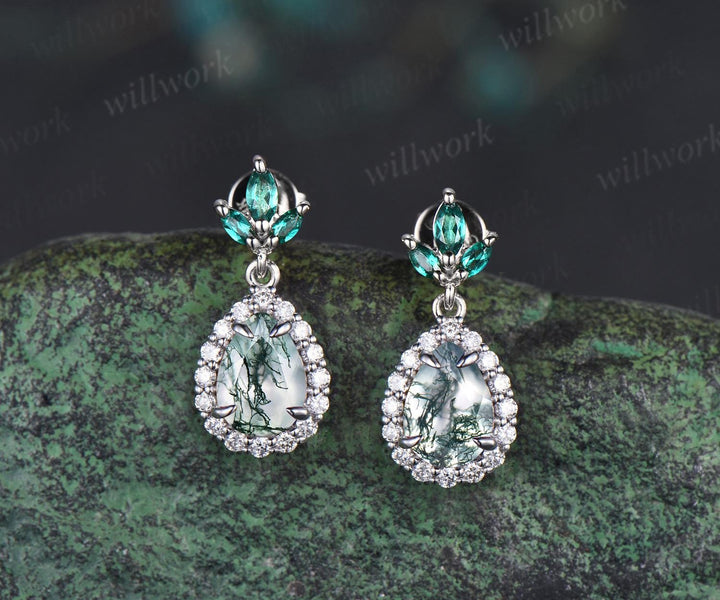 Pear teardrop cut natural moss agate earrings 14k white gold vintage leaf marquise emerald drop earrings women anniversary gift jewelry