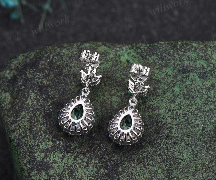 Pear teardrop cut natural moss agate earrings 14k white gold vintage leaf marquise emerald drop earrings women anniversary gift jewelry