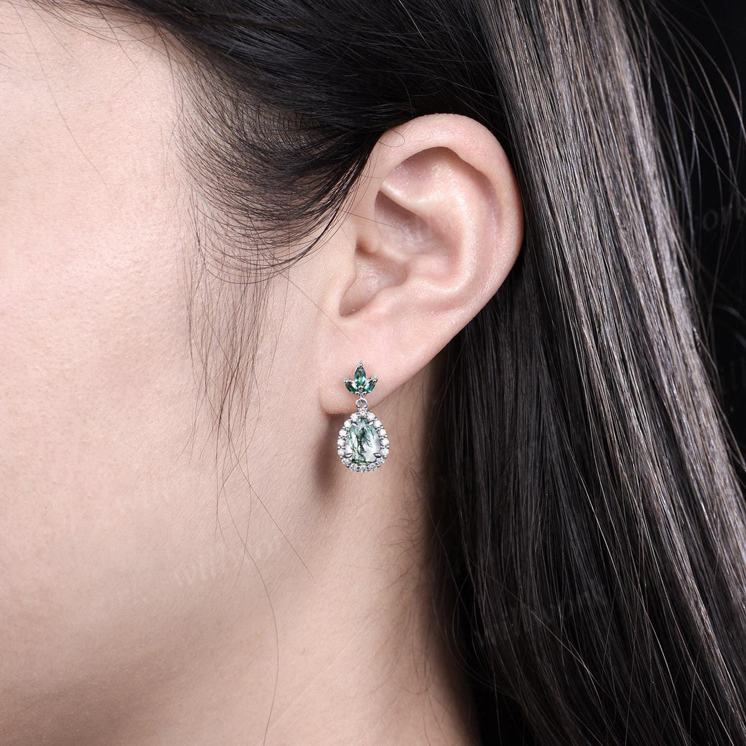 Pear teardrop cut natural moss agate earrings 14k white gold vintage leaf marquise emerald drop earrings women anniversary gift jewelry