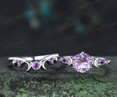 Round cut Lavender Amethyst engagement ring set women white gold moon star sun amethyst wedding crystal ring dainty anniversary gift