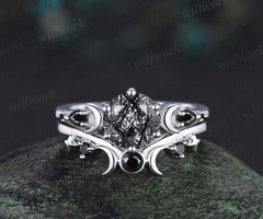 Round cut black rutilated quartz engagement ring set women white gold moon star sun wedding crystal ring dainty anniversary gift