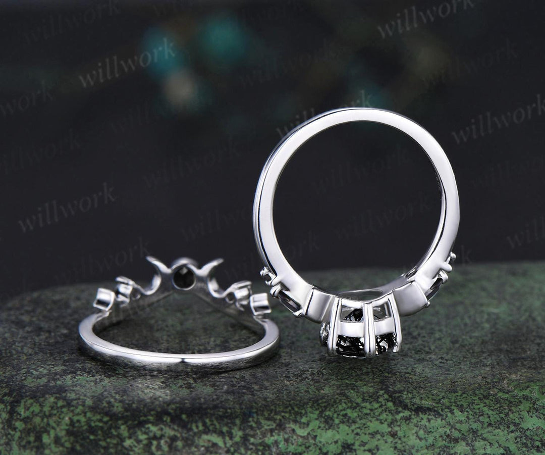 Round cut black rutilated quartz engagement ring set women white gold moon star sun wedding crystal ring dainty anniversary gift