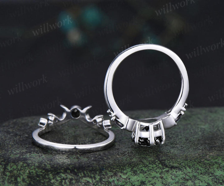 Round cut black rutilated quartz engagement ring set women white gold moon star sun wedding crystal ring dainty anniversary gift