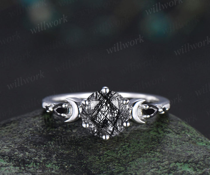 Round cut black rutilated quartz engagement ring set women white gold moon star sun wedding crystal ring dainty anniversary gift
