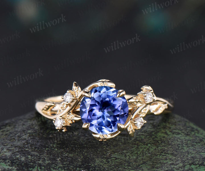 1ct Tanzanite ring vintage yellow gold diamond leaf ring set round Tanzanite engagement ring set nature inspired jewelry