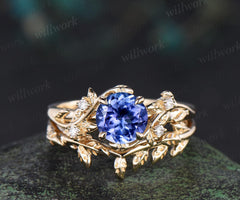 1ct Tanzanite ring vintage yellow gold diamond leaf ring set round Tanzanite engagement ring set nature inspired jewelry