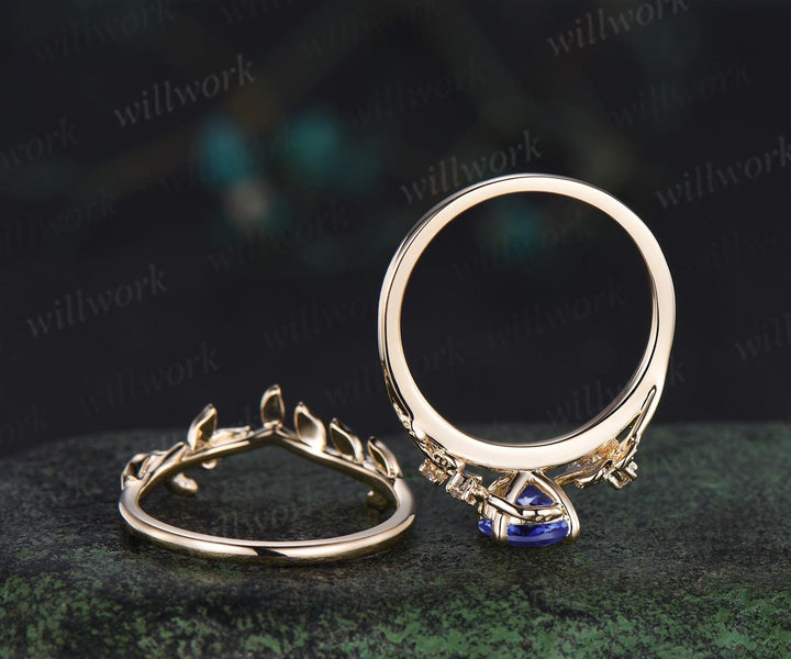 1ct Tanzanite ring vintage yellow gold diamond leaf ring set round Tanzanite engagement ring set nature inspired jewelry