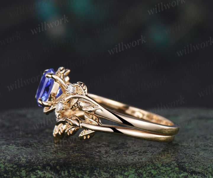 1ct Tanzanite ring vintage yellow gold diamond leaf ring set round Tanzanite engagement ring set nature inspired jewelry