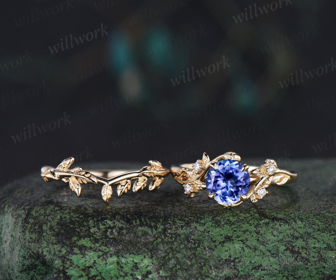 1ct Tanzanite ring vintage yellow gold diamond leaf ring set round Tanzanite engagement ring set nature inspired jewelry